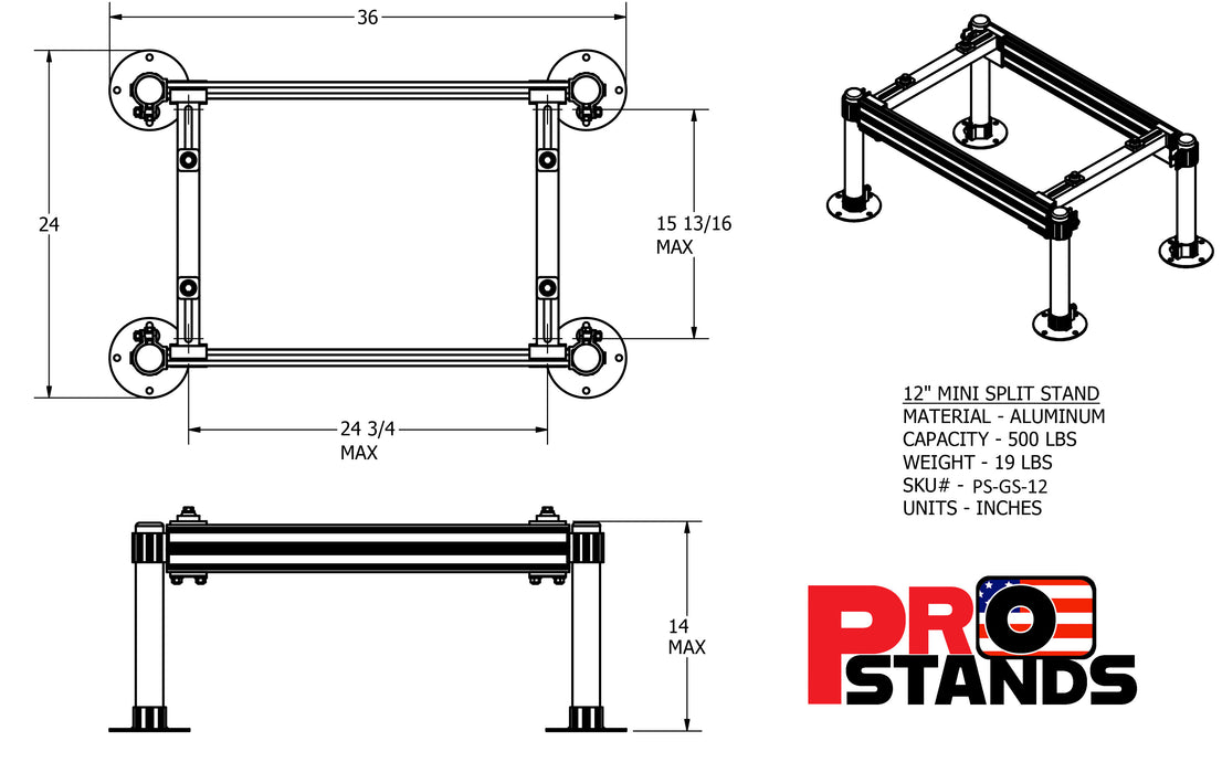 Aluminum Mini Split Stand - 12 Inch Tall Powder Coated