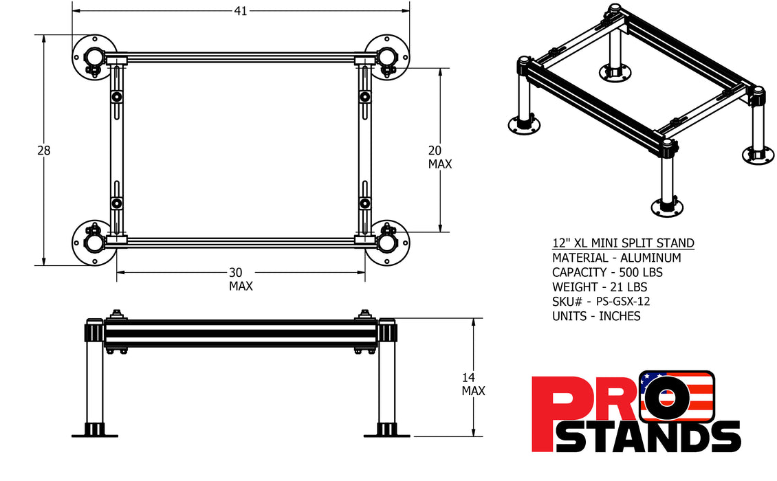 Aluminum XL Mini Split Stand - 12 inch Tall Powder Coated