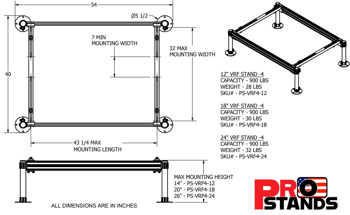 Aluminum 4ft VRF/VRV Stand - 12" Tall
